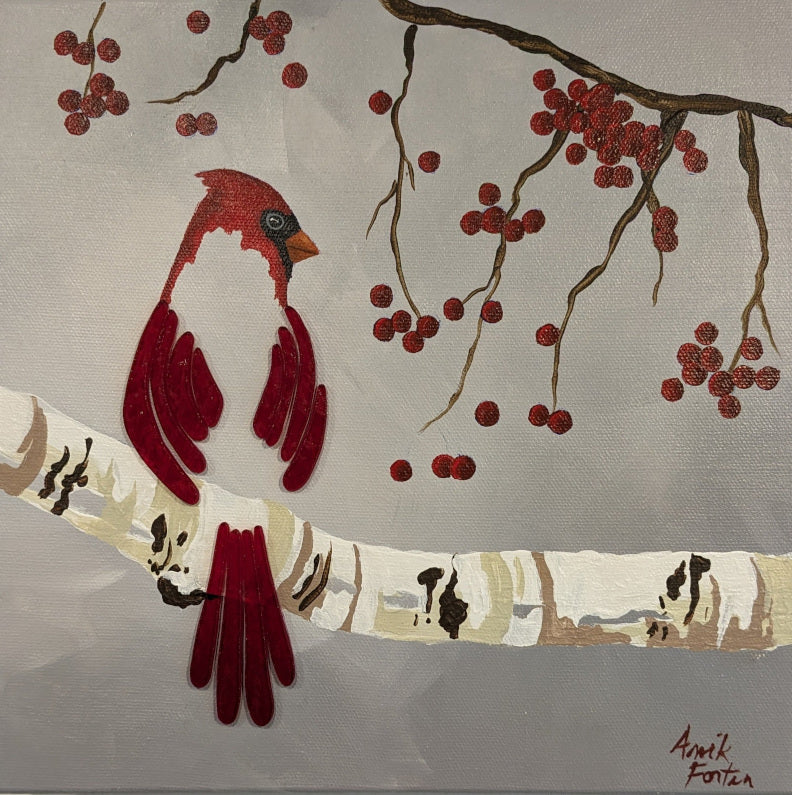 Anik Fortin Cardinal On Birch Tree 10X10 Inches