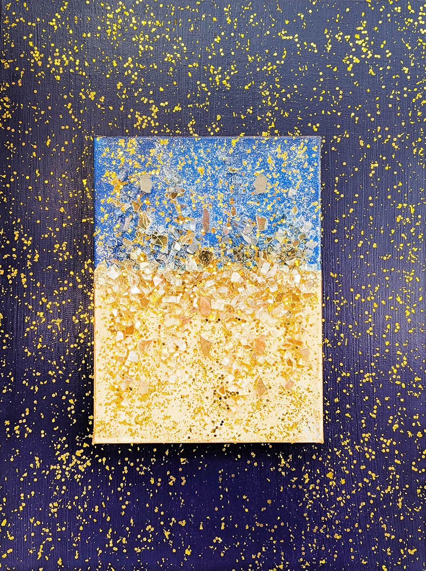 Melody, Indigo and Gold Luster, Mixed Media with glass 18X24 Inches.