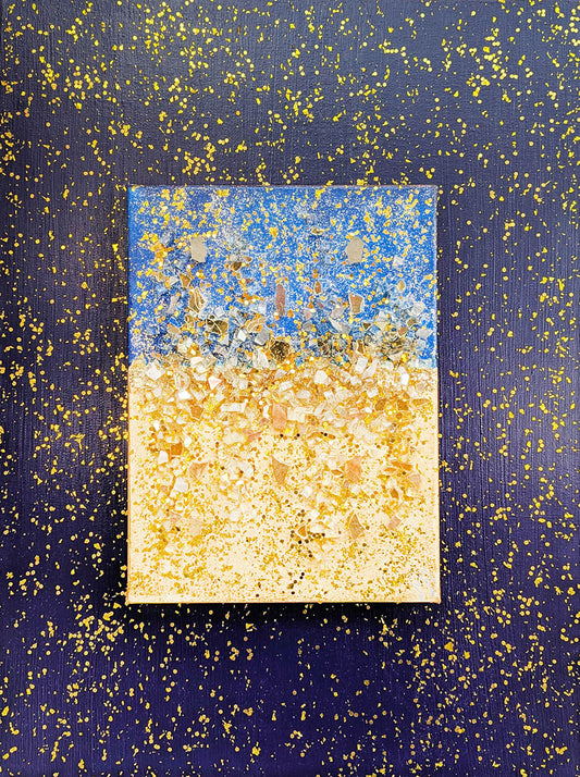 Melody, Indigo and Gold Luster, Mixed Media with glass 18X24 Inches.
