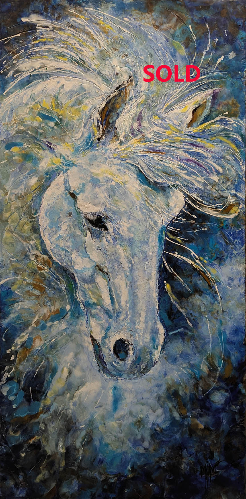 Mena Magdy HORSE IN MY DREAM15.5X32 inches Encaustic painting.