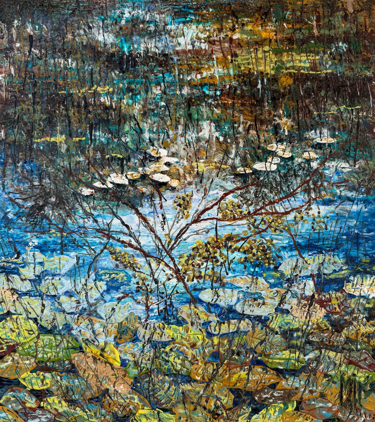 Mena Magdy LAKE AFTERNOON Encaustic Painting 14X18 Inches.