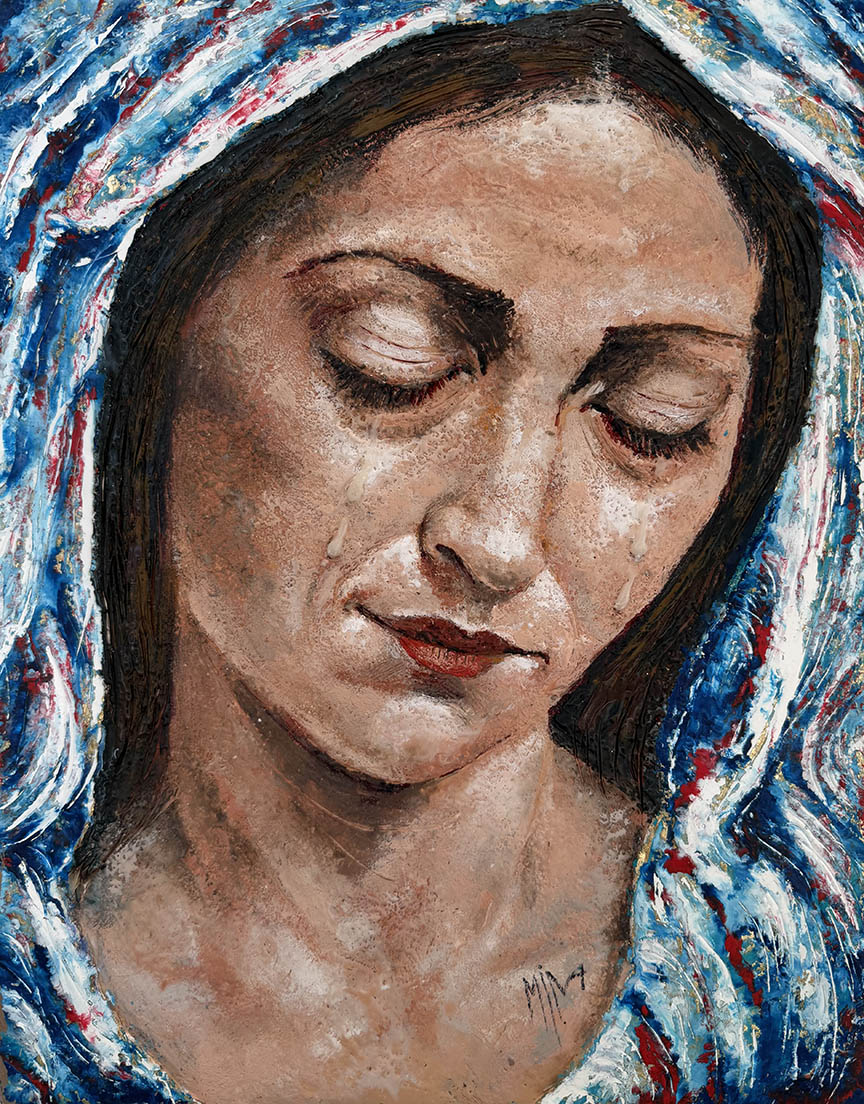 Mena Magdy Weaping Mother Encaustic painting 14X18 Inches.