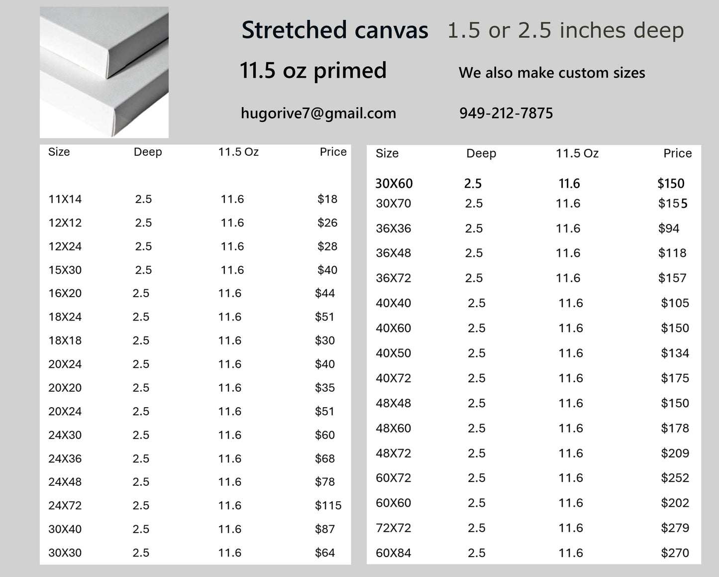 canvas price list