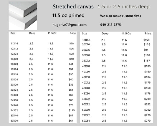 canvas price list