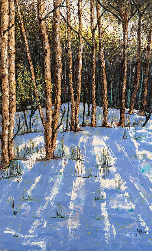 mena Magdy SHADOWS ACROSS THE SNOW. Encaustic painting 20X33 Inches.