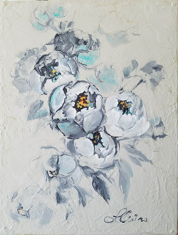Lori Arias Abstract Peonies in Beige and Turquoise.