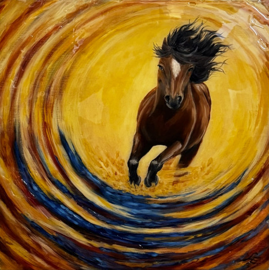 Lara Kempke Out of the Maelstrom Mixed media oil, acrylic, resin 16X16X1.5 Inches.