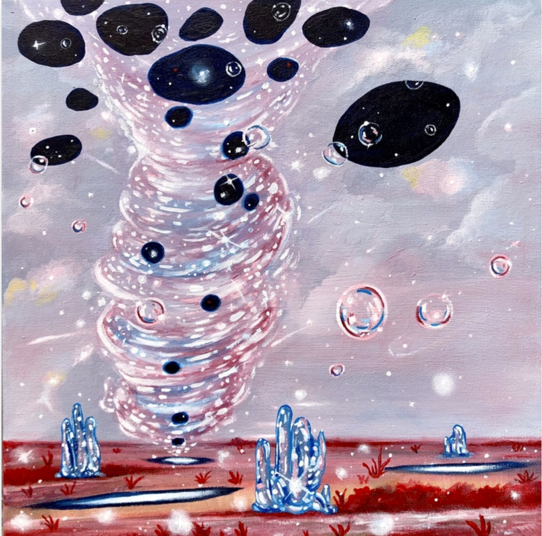Megan Castellon JUST GO WITH THE FLOW  IT'S ONLY SUREAL FEELINGS Acrylic painting on canvas  12X12X5 Inches.