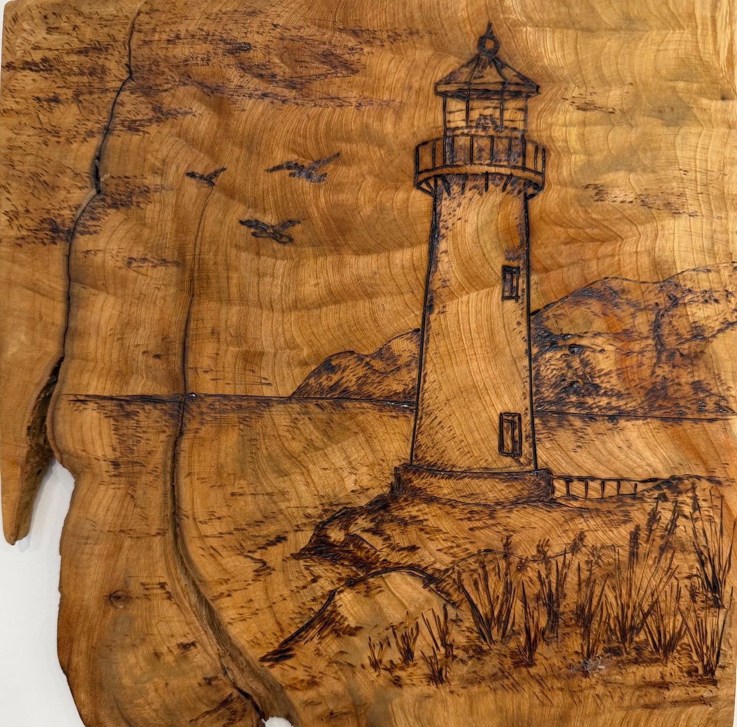 Corrine Sheldrake THE LIGHT HOUSE Nature and coastal life beautifully burned into wood. 12x12 Inches.