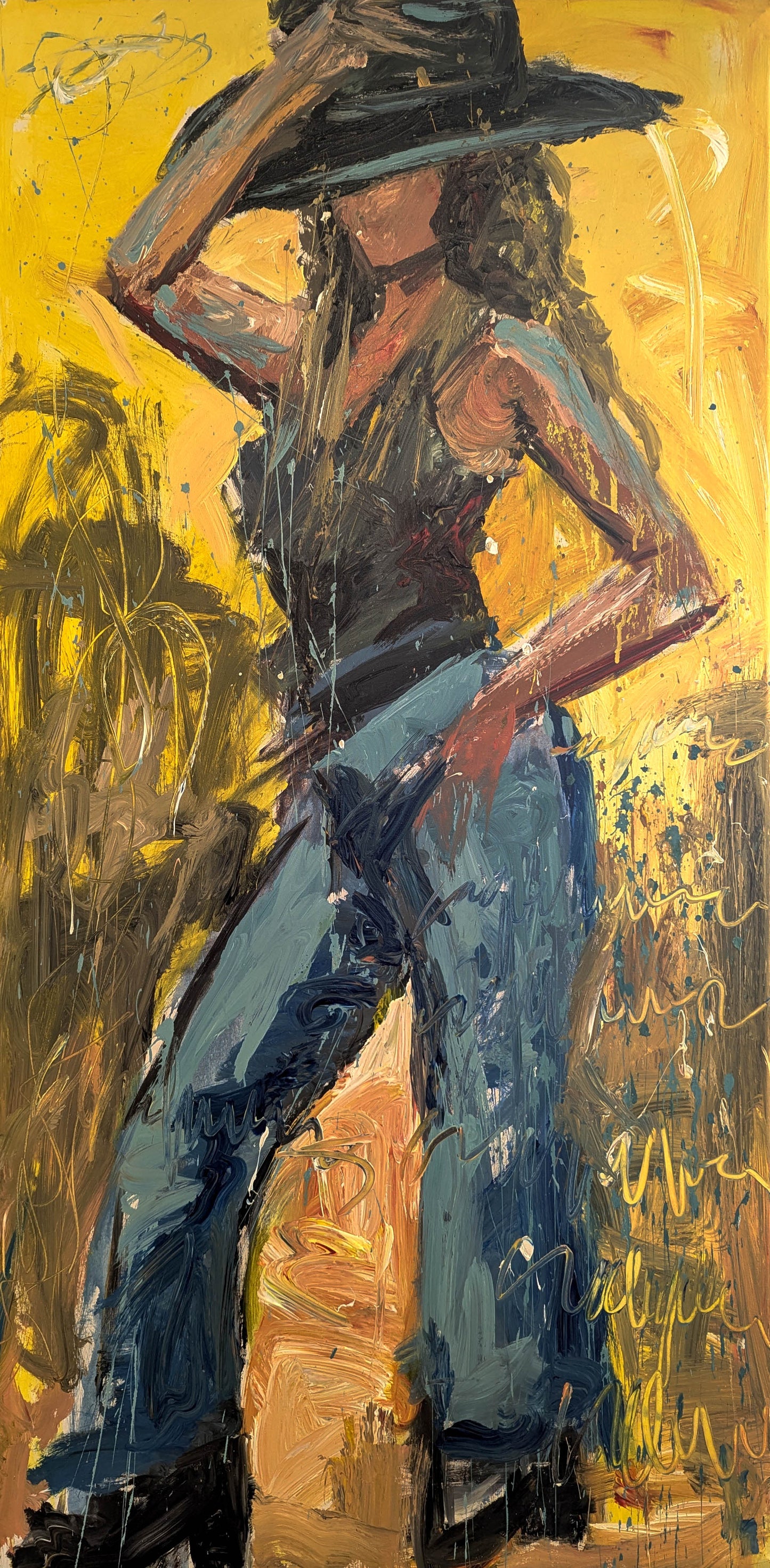Hugo Rivera Summer CAW GIRL Acrylic On Canvas 30X60 Inches.