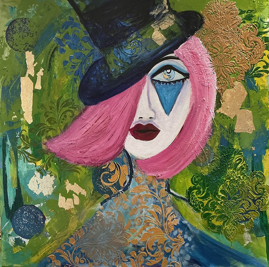 Lupe Dolan Pink Tresses In The Circus Shade Mixed Media 36X36 inches.