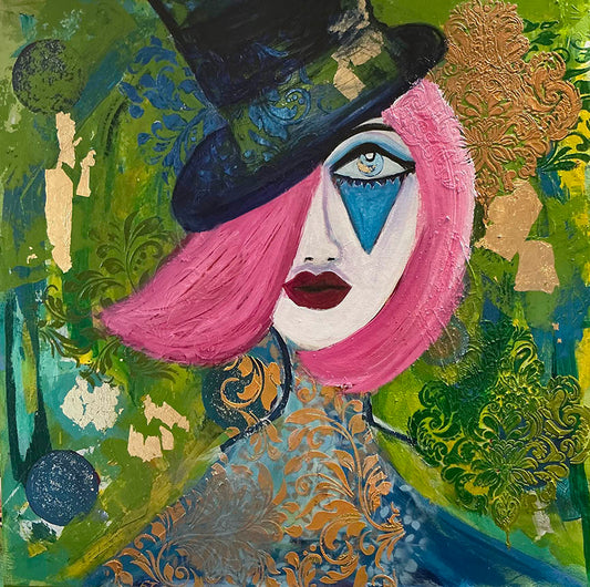 Lupe Dolan Pink Tresses In The Circus Shade Mixed Media 36X36 inches.