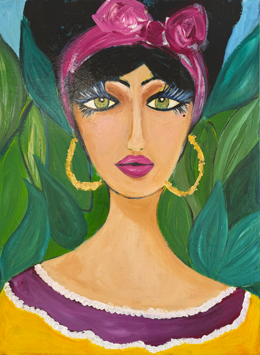 Lupe Dolan THE GIRL WITH THE EMERALD GAZE AND GOLDEN HOOPS Acrylic and gold 30x40 inches.