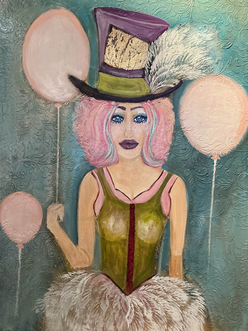 Lupe Dolan THE SURREAL STARE OF THE CIRCUS MUSE Acrylic on Canvas 18X24 Inches.