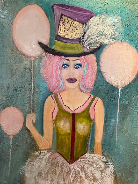 Lupe Dolan THE SURREAL STARE OF THE CIRCUS MUSE Acrylic on Canvas 18X24 Inches.