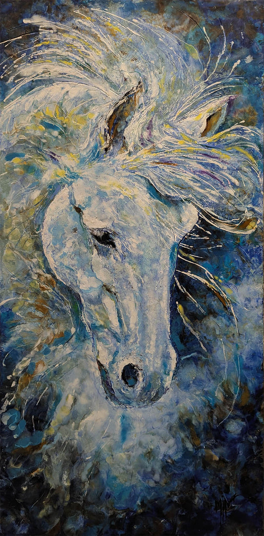 Mena Magdy HORSE IN MY DREAM15.5X32 inches Encaustic painting.