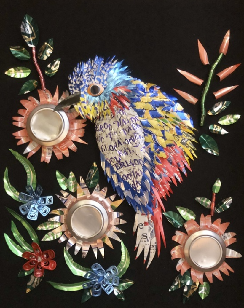 Your Truth WHERE THE BIRD MEETS THE BLOOM Aluminum cans 21X17X3 Inches.